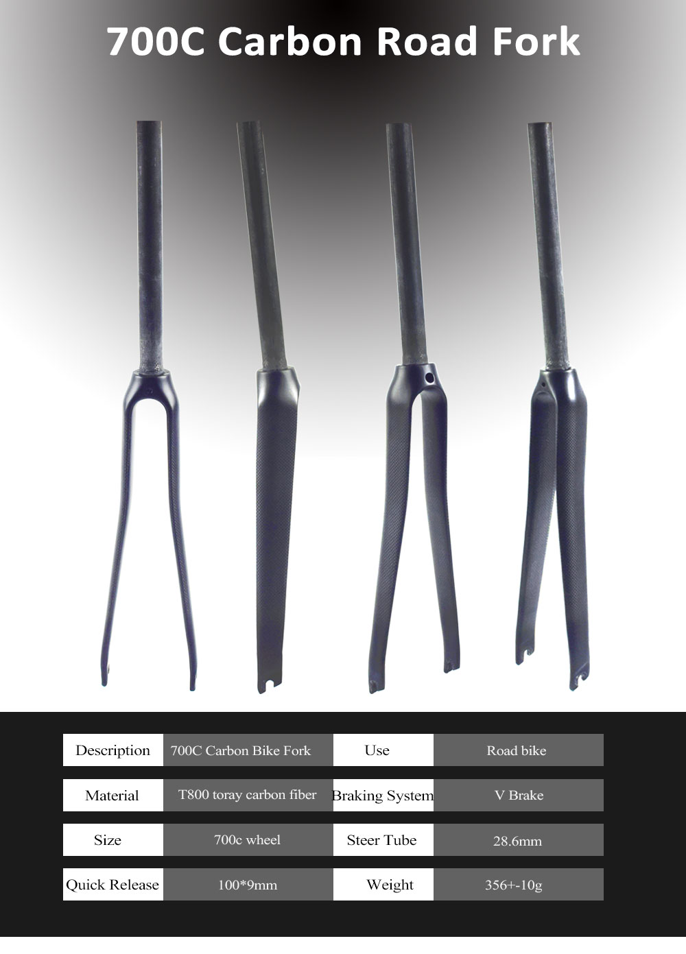 700C T800 Carbon Fiber Road Bike Fork - 1-1/2 Tapered C-Brake QR 100mm